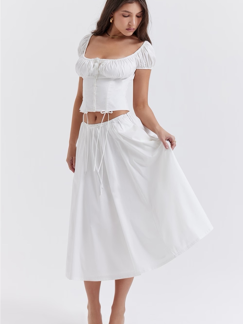 House of CB White Cora Drawstring Midi Skirt